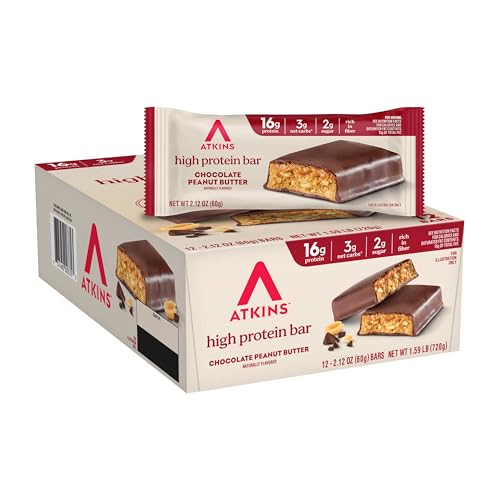 Atkins Chocolate Peanut Butter Protein Meal Bar, High Fiber, 16g Protein, Low Sugar, 3g Net Carb, Low Carb, Keto Friendly, 12 Count
