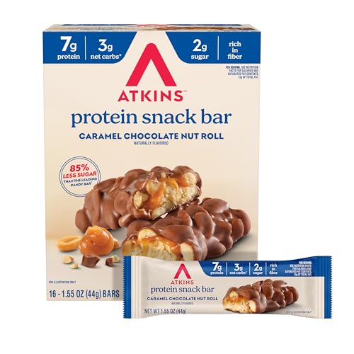 Atkins Caramel Chocolate Nut Roll Snack Bar, Protein Snack , 7g Protein, 2g Sugar, Rich in Fiber, 16 Count
