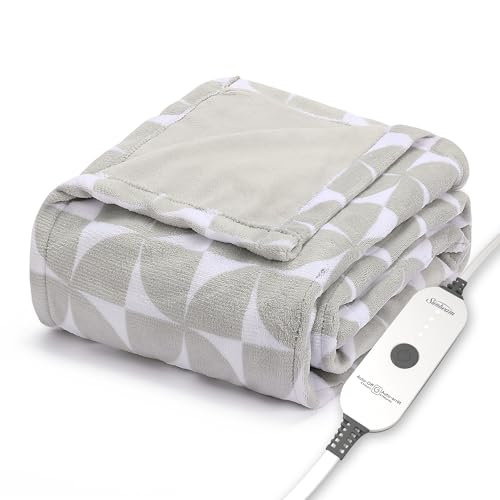 Sunbeam Royal Luxe Microplush Heated Throw Electric Blanket, 50" x 60", 4-Hour Auto Shut-Off,Fast Heating, Machine Washable, Warm and Cozy, Grey Geometric