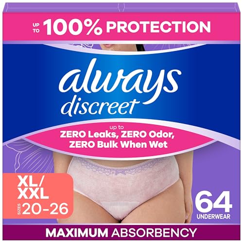 Always Discreet Adult Incontinence Underwear for Women and Postpartum Underwear, Extra Large, Up to 100% Bladder Leak Protection, 64 Count (2 Packs of 32)