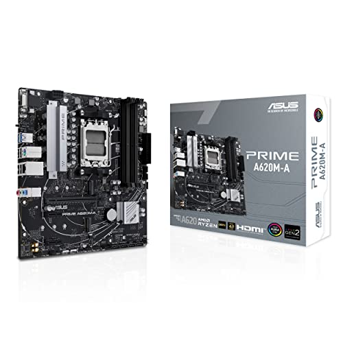 ASUS Prime A620 Micro-ATX Motherboard, DDR5, PCIe 4.0 Support, Dual M.2 Slots, DisplayPort/HDMI/VGA, USB 3.2 Gen 1 Ports, Front USB 3.2 Gen 1 Type-C, 