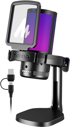 (-28%) MAONO USB Gaming Mikrofon, Noise Cancellation Kondensator Microphone mit Mute, Gain, Monitoring, Pop-Filter für Streaming, Podcast, Twitch, YouTube, Discord, PC, Computer, PS4&5, Mac, DGM20,Schwarz