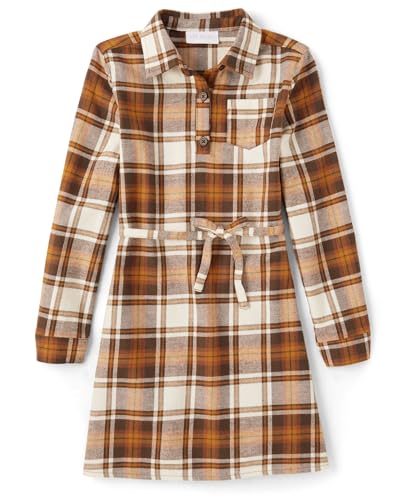 The Children's Place,Long Sleeve Plaid Fall Fashion Dress,HAY Stack,Medium (7/8)