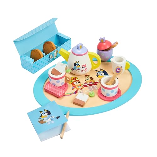 Bluey Wooden Tea Party Set – 18 PC Pretend Play Set with Tray, Teapot, Tea Cups, Biscuits, Sugar Pot, Notepad & Pencil- Durable, Eco-Friendly FSC Certified Wood – Imaginative Role Play Toy for Kids 3+