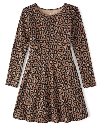 The Children's Place Girls' Long Sleeve Casual Knit Skater Dresses, Cheetah Print