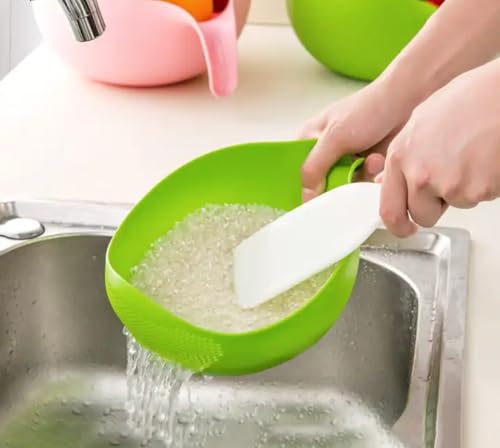 E-COSMOS Water Strainer Multi-Use Strainer/Washer Bowl for Rice Vegetable & Fruits (Rice Bowl) (Pack of 1, Green)