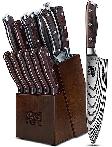 SHAN ZU Knife Set 16 pcs, Japanese Kitchen Knife with Block High Carbon Stainless Steel Ultra Sharp Knife for Kitchen, Professional Chef Knife Set with Sharpener
