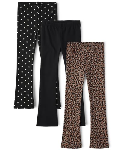 The Children's Place,Flare Legging Pants 3-Pack,Black | Cheetah Three Color_Pecan Pie | Two Color Dot_Black,Medium (7/8)