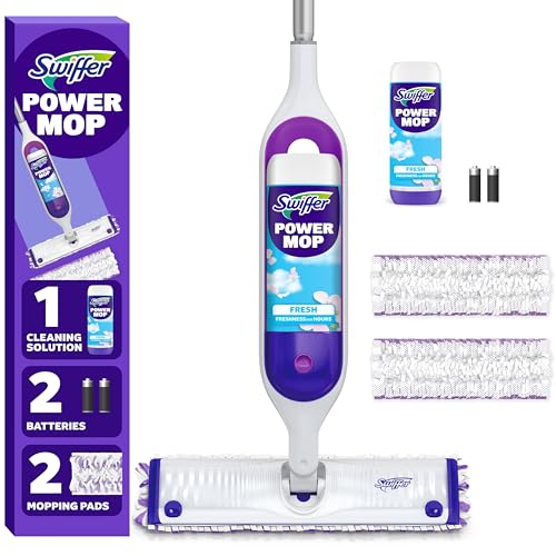 Swiffer PowerMop Multi-Surface Mop Kit for Floor Cleaning, Includes PowerMop, 2 Mopping Pad Refills, 1 Cleaning Solution with Fresh Scent and 2 Batteries
