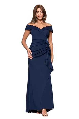 Xscape Women's Long Off Shoulder Sweetheart Neck Side Ruffle Gown (Reg and Petite), Midnight, 12