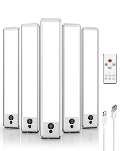 EZVALO Under Cabinet Lights, LED Closet Lights Wireless USB Charging, Motion Sensor Lighting Indoor 5700K Dimmable with Remote Control (White) 5 Pack