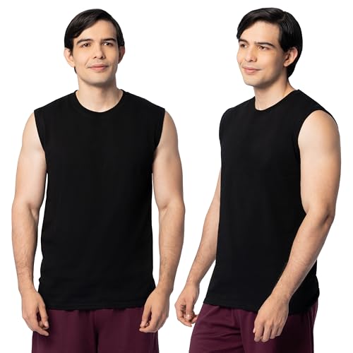Fruit of the Loom Men's Eversoft Cotton Sleeveless T Shirts, Breathable & Moisture Wicking with Odor Control, Sizes S-4X, Muscle-2 Pack-Black, 3X-Large