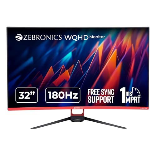 ZEBRONICS S32A, 1800R Curved Gaming Monitor, 32 inch (80cm), 280 nits, 180Hz, WQHD, 2560x1440, FreeSync, 1ms MPRT, HDMI, DP, HDR10, Bezel Less, Built-