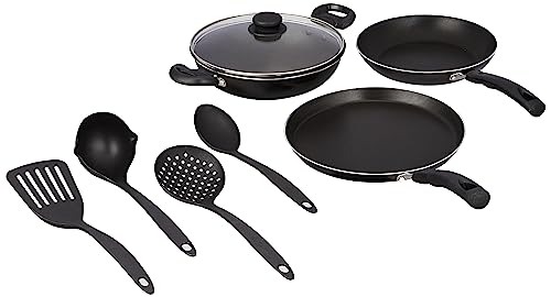 Pigeon Mio Nonstick Aluminum Cookware Gift Set, Includes Flat Tawa, Fry Pan, Kadai with Glass Lid, Kitchen Tool Set, Black, 8 Pieces