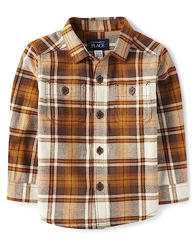 The Children's Place Baby Boys' and Toddler Long Sleeve Flannel Button Up Shirt, Haystack Plaid, 2T
