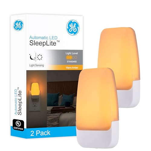 GE Sleeplite Night Lights Plug Into Wall, Dusk to Dawn Sensor, Ambient Lighting, Sleep Aid, Bathroom Décor, LED Lights for Bedroom, Apartment Essentials, Smart Home ,76135, Amber, 2 Pack