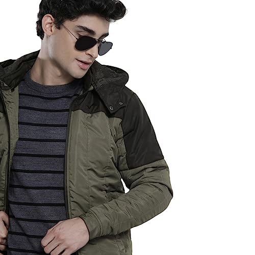 Men Olive Slim Fit Solid Puffer Jacket