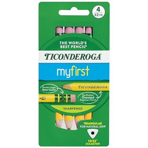 Ticonderoga My First Short Triangular Wood-Cased Pencils, #2 HB Soft, With Erasers, Yellow, 4 Count