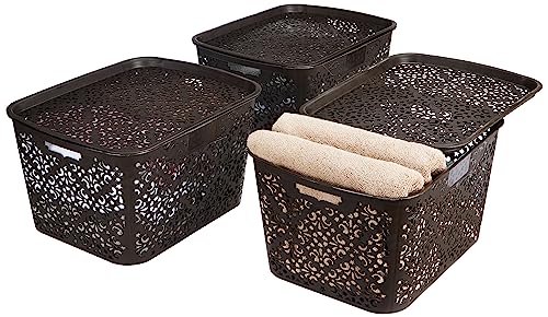 Royal Multipurpose Storage Basket With Lid- Large (Set Of 3, Brown) - Fabric, Rectangular