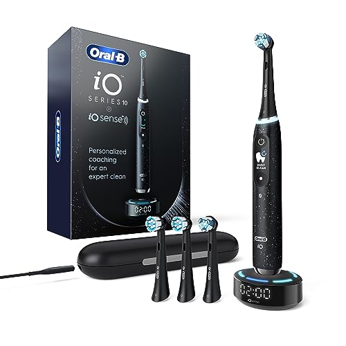 Oral-B iO Series 10 Rechargeable Electric Toothbrush with Visible Pressure Sensor to Protect Gums, 2 Min Timer, 7 Cleaning Settings, 4 Replacement Toothbrush Heads, and Charging Travel Case, Black