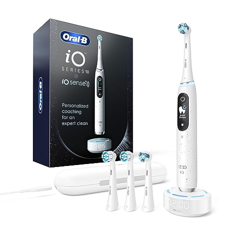 Oral-B iO Series 10 Rechargeable Electric Toothbrush with Visible Pressure Sensor to Protect Gums, 2 Min Timer, 7 Cleaning Settings, 4 Replacement Toothbrush Heads, and Charging Travel Case, White