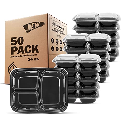Freshware Meal Prep Containers [50 Pack] 3 Compartment Food Storage Containers with Lids, Bento Box, BPA Free, Stackable