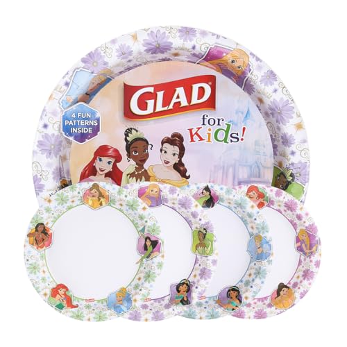 Glad for Kids Disney Princess Disposable Paper Plates, Floral Frames - Heavy Duty, Soak Proof, Microwavable, Kid-Friendly Snack Plates for Everyday Use, 8.5 Inch, 40 Count