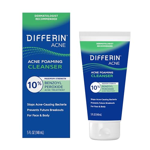 Differin Acne Face Wash with 10% Benzoyl Peroxide, Maximum Strength OTC Acne Foaming Cleanser, Fast Acting Acne Treatmen