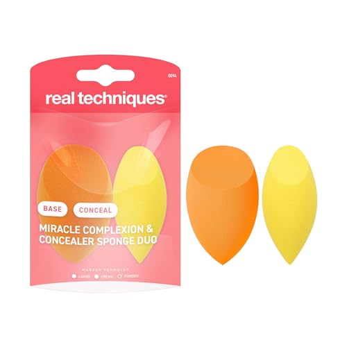 Real Techniques Miracle Complexion Sponge + Concealer Sponge Duo, Makeup Blending Sponges For Foundation & Concealer, Offers Light To Medium Coverage, Natural, Dewy Makeup, Latex-Free Foam
