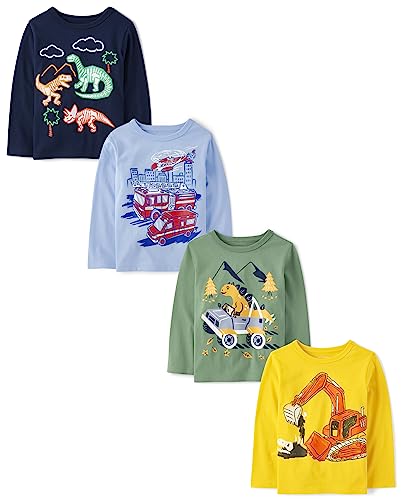 The Children's Place Baby-Boys And Toddler Boys Long Sleeve Graphic T-shirt 4-pack Dino Truck/Firetruck/Digger/Dinos 2T