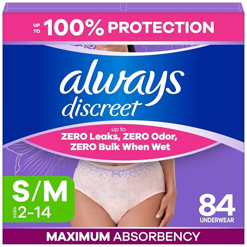 Always Discreet Adult Incontinence Underwear for Women and Postpartum Underwear, Small/Medium, Up to 100% Bladder Leak Protection, 84 Count (2 Packs of 42)