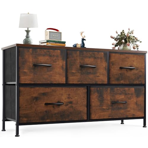 OLIXIS Dresser for Bedroom with 5 Drawers, Wide Chest of Drawers, Fabric Bedroom Dresser with Drawer Organizers, Storage Organizer Unit with Fabric Bins for Closet, Living Room, Hallway, Rustic Brown