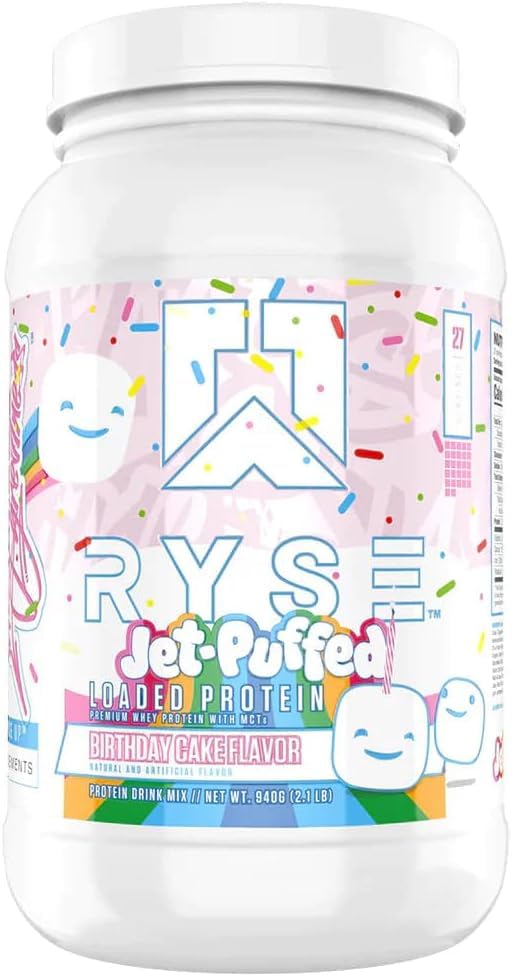 RYSE Loaded Protein Powder - Jet-Puffed Birthday Cake - 25g Whey Protein Isolate & Concentrate with Prebiotic Fiber & MCTs - Low Carb, Low Sugar, Digestive-Friendly - 27 Servings / 2 lb Tub