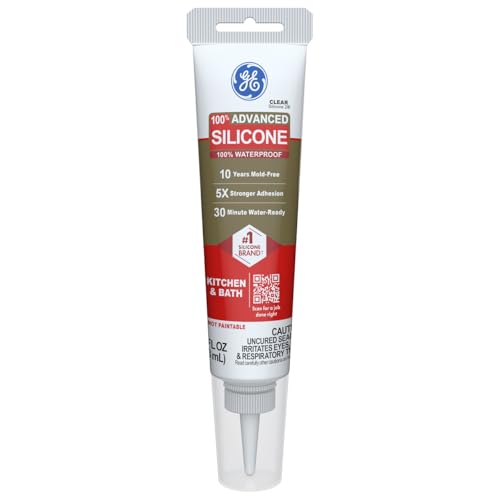 GE Advanced Silicone Caulk for Kitchen & Bathroom, Clear, 2.8 fl oz Tube, 1 Pack - 100% Waterproof Silicone Sealant, 5X Stronger Adhesion, Shrink & Crack Proof
