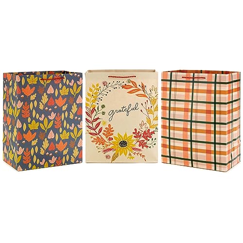 Hallmark 13" Large Fall Gift Bag Bundle (3 Bags: Orange and Tan Plaid, Leaves, Grateful Wreath) for Thanksgiving, Friendsgiving, Boss's Day, Clergy Appreciation, Grandparents Day
