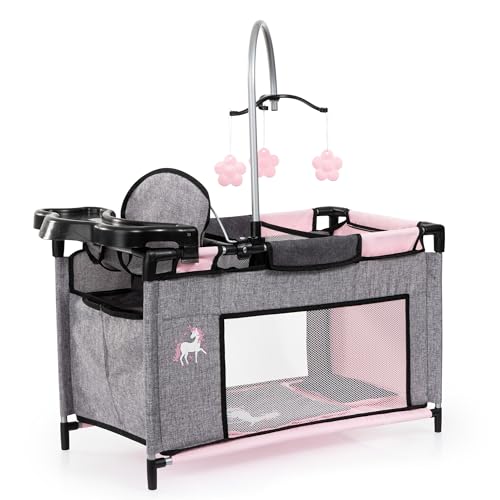 Bayer: Multi-Bed - Grey, Pink, Fairy - Playpen Accessory for Dolls Up to 18", Built-in Highchair & Mobile, Pillow & Blanket, Kids Age 3+