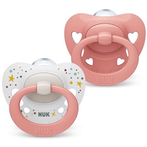 NUK Signature Baby Dummy | 0-6 Months | Soothes 95% of Babies | Heart-Shaped BPA-Free Silicone Soothers | Includes Case | Pink Hearts |