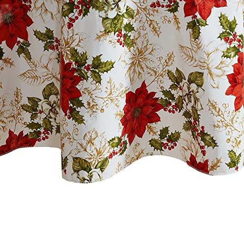 Elrene Home Fashions Christmas Poinsettia Grace Water- and Stain-Resistant Vinyl Tablecloth with Flannel Backing, 70"x70" Round