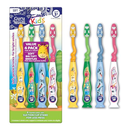 GuruNanda Kids Toothbrush with Suction Cup & Fun Animal Designs - Soft Bristles for Healthy Gums- Non-Slippery & Mess-Free Toothbrush, 3+ Age- 4 Count