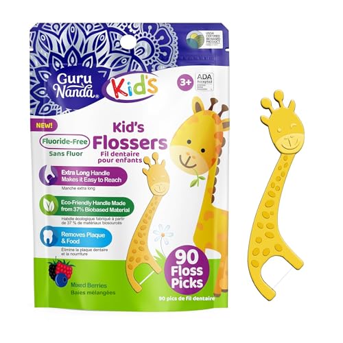 GuruNanda Dental Floss Picks for Kids, Extra-Long Giraffe-Shaped Picks, Fluoride-Free, Anti-Slip & Shred-Resistant Design & Eco-Friendly Handle & Berry Flavor, Ideal for Ages 3+, 90 Count (Pack of 1)