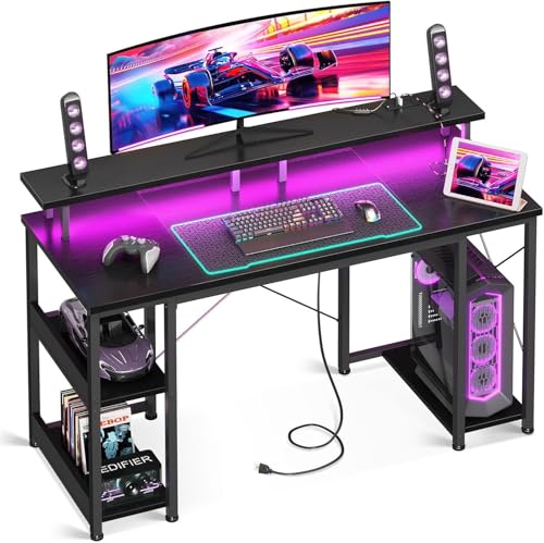 ODK 48 inch Gaming Desk with LED Lights & Power Outlets, Computer Desk with Monitor Stand & Storage Sheves, CPU Stand, Home Office Desk, Black