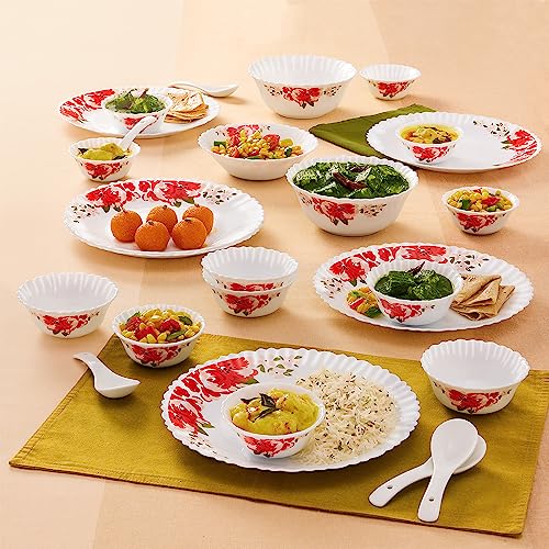 Larah by Borosil Rose Red Silk Series Opalware Dinner Set | 27 Pieces for Family of 6 | Microwave & Dishwasher Safe | Bone-Ash Free | Crockery Set for