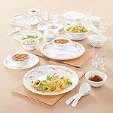 Larah By Borosil Bella Silk Series Opalware Dinner Set with Glasses 40 Pieces for Family of 6 Microwave Dishwasher Safe BoneAsh Free Crockery Set for Dining Gifting Plates Bowls White