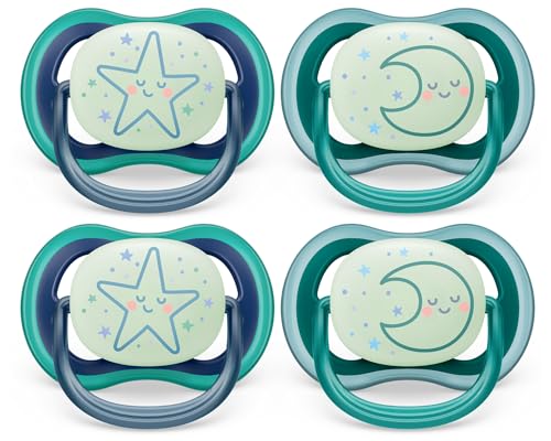 Philips Avent Ultra Air Pacifier - 4 x Light, Breathable Glow-in-The-Dark Baby Pacifiers for Babies Aged 6-18 Months, BPA Free with Sterilizer Carry Case, SCF376/08