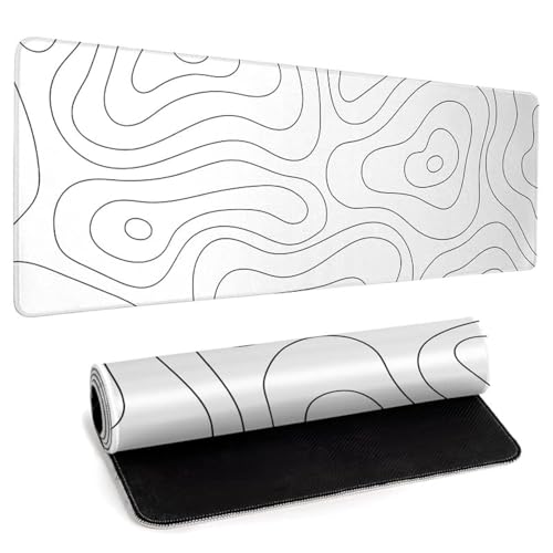 White Large Gaming Mouse Pad Desk Pad Topographic Map Big Keyboard Mat 31.5x11.8inch Computer Mousepad with Stitched Edge Non-Slip Rubber Base