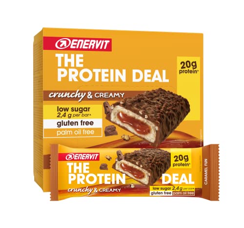 (-20%) Enervit The Protein Deal Caramel Fun – Proteinriegel, Milchschokoladengeschmack, weiche Karamellfüllung, 20 g Protein, 2,4 g Zucker, süßer und gesunder Snack, Glutenfrei, 12 Riegel à 55 g