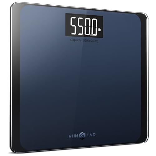 (-40%) RunStar Digitale Personenwaage, Tragkraft bis 250 kg, 8 mm Sicherheitsglas, hochpräzise Sensoren, mit extragroßer Trittfläche und großem LCD-Display, Step-on-Technologie, Blau-Schwarz