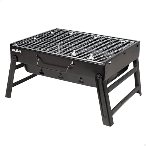 (-14%) AKTIVE Tisch-Holzkohlegrill, Stahl, Tragbar, Schwarz, Rechteckig, Zusammenklappbar, 40x28x20 cm, Mit Tragegriff, Leicht zu transportieren, Campinggrill, Terrasse, Balkon, Holzkohlegrills, BBQ (63031)