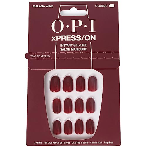 OPI xPRESS/ON Malaga Wine | Dark Red Short Round Press On Nails | With Nail Glue | Long Lasting, Reusable, Non-damaging
