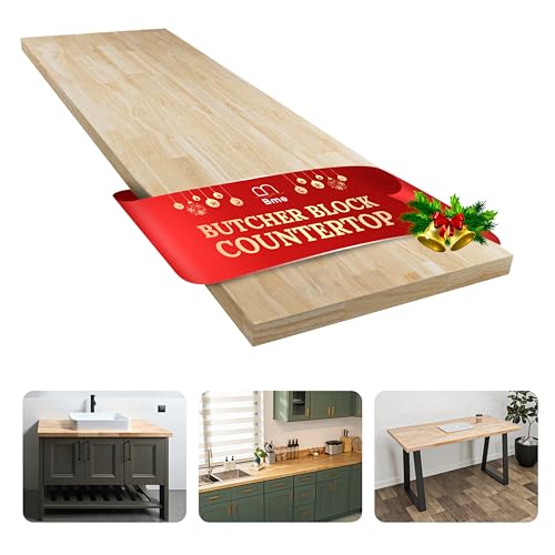 Bme Hevea Solid Wood Butcher Block Countertop, Unfinished Butcher Block Table Top for DIY Washer Dryer/Island/Kitchen Countertop, 60"L x 25"W x 1.5"Th